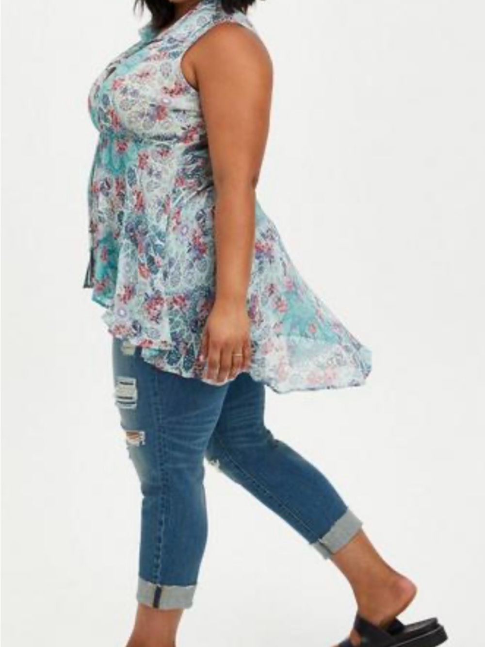NWT Torrid floral teal chiffon babydoll high low button front top